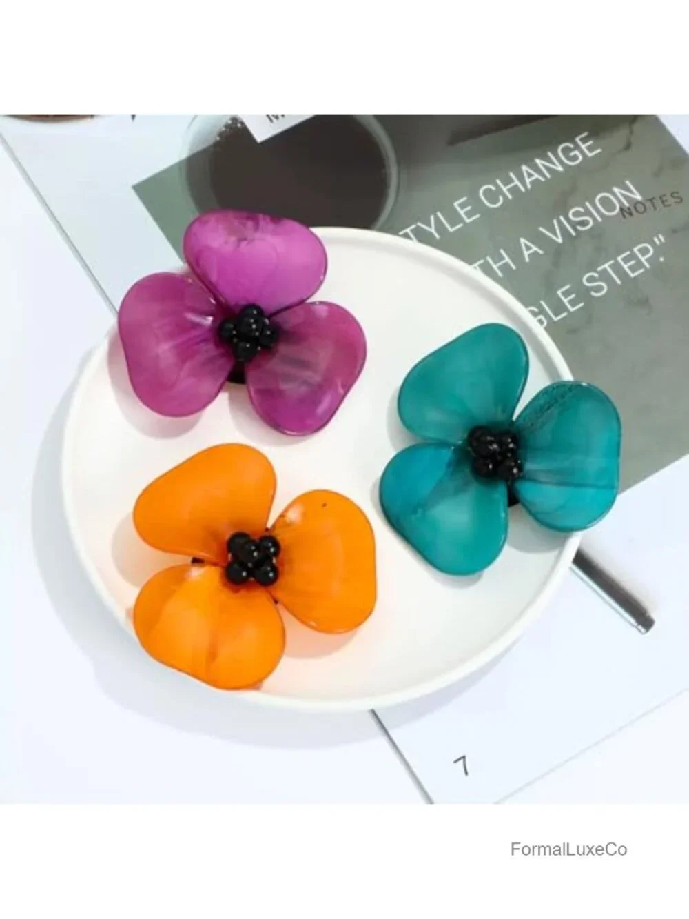 Large Flower Brooch Acrylic Acetate Statement Pin Black Bead Center for Blazer